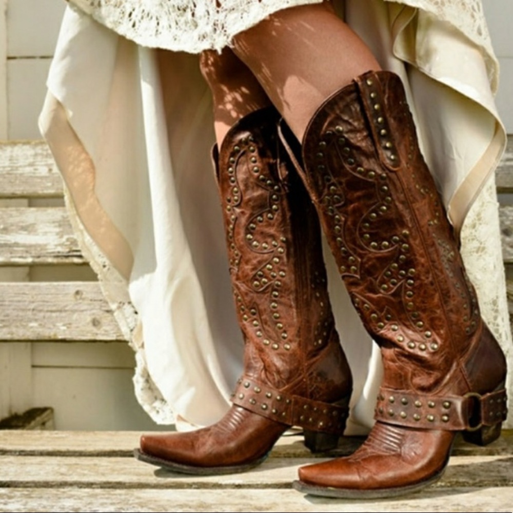 Lane Stud Rocker Brown Boots, Brown Cowgirl Boots